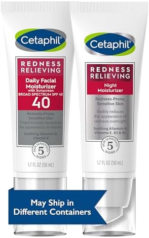 Cetaphil Redness Relieving Set, Night Moisturizer (1.7 oz) and Daily Facial Moisturizer SPF 40 (1.7 oz) For Redness Prone Skin
