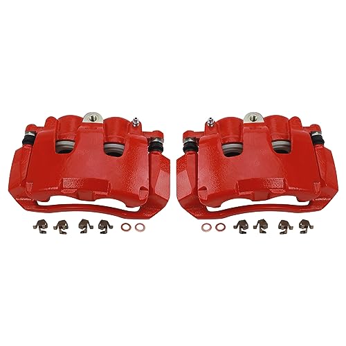 Image of TRQ Front Brake Caliper Set Painted Red Brackets Compatible with 2007-2009 Chrysler Aspen 2007-2009 Dodge Durango 2009-2010 Dodge Dakota Ram 1500 2011-2018 Ram 1500 2011 Ram Dakota