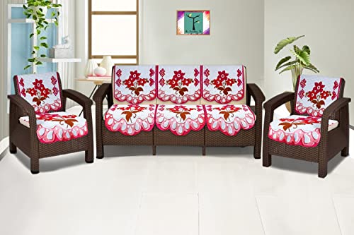 Image of The Furnishing Tree Cotton Floral Knitted Pattern 10 Pieces 5 Seater Sofa Cover Set Pink