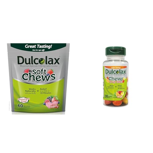 Image of Dulcolax Soft Chews Saline Laxative Mixed Berry (60ct) Gentle Constipation Relief, Magnesium Hydroxide 1200mg & Chewy Fruit Bites, Saline Laxative, Assorted Fruit (30ct) Cramp-Free Constipation Relief
