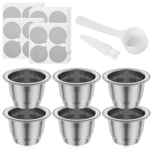 6 Stück Wiederverwendbare Kaffeekapseln Set Edelstahl 37 x 24 mm Einfache Bedienun mit Bürste Nachfüllbare French Press Ersatzfiltersieb mit Löffel Espresso Kapseln für Nes.presso Essen.za Iniss.ia
