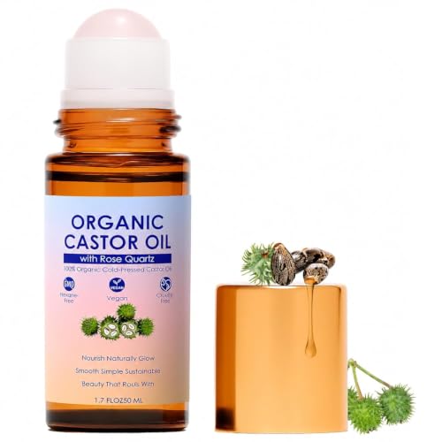 SDXJIOGE Organic Castor Oil Rose Quartz Roller Ball 100% Cold Pressed Hexane Free Castor Oil Roll On for Facial Skin Care Fine Lines Wrinkles & Under Eye Puffiness (1.7 Fl Oz)