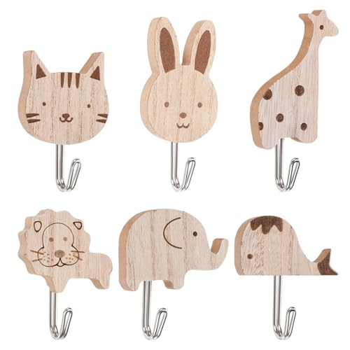 YUXMU 6 Stück Süße Tier Kleiderhaken, Selbstklebender Haken aus Holz Hölzerne Tier Cartoon Wandhaken Elefant Wal Katze Löwe Kaninchen Giraffe Garderobenhaken Kinder für Bad Kinderzimmer Küche