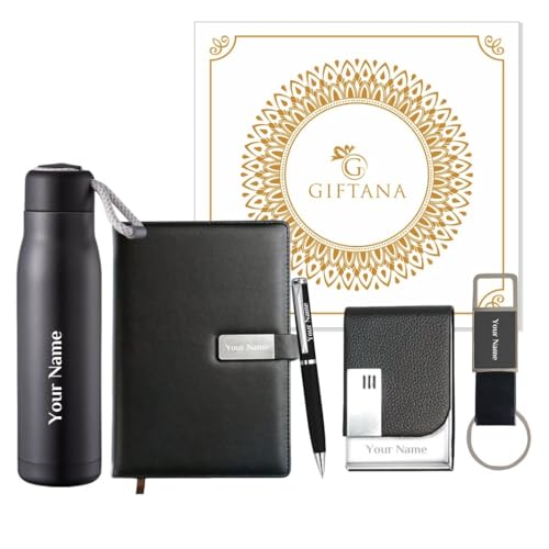 Image of Giftana Personalised Pen, Diary, Bottle 500ml, Card Holder, Keychain with Name, 5 in 1 Customized Name Birthday Gift Set for Doctors and Husband, Customised Corporate Gift for Employee - Black