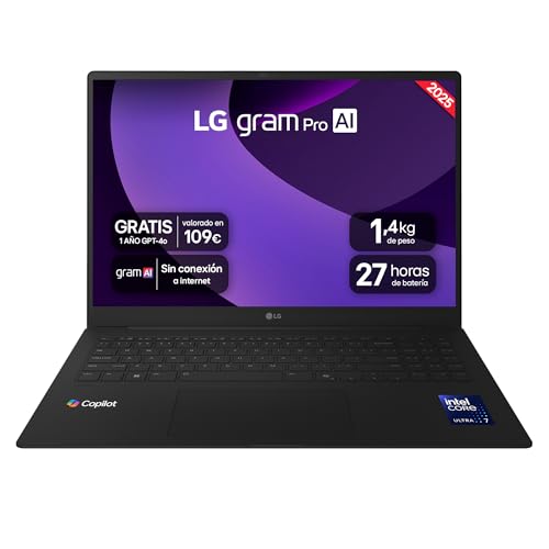 LG gram Pro 16Z90TR-E.AD88B Portátil 16', Windows 11, Intel Core Ultra7 255H, 32GB RAM, 1TB SSD, NVIDIA RTX5050, Pantalla IPS, (2560x1600), 1.360 g, 27 Horas, Negro