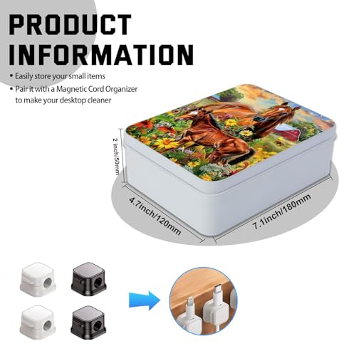 Image of Metal Tin Box with Lid for Game Cards Home Organizer Candles Keys Crafts Storage - Equipped with 4 Magnetic Cord Clips,Horses and flowers