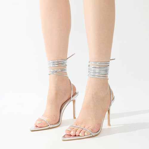 Image of Cape Robbin Women's Lace Up Stiletto Heel Sandals - Pointed Open Toe Clear Strap Ankle Wrap Tie Up High Heels (Moroni)