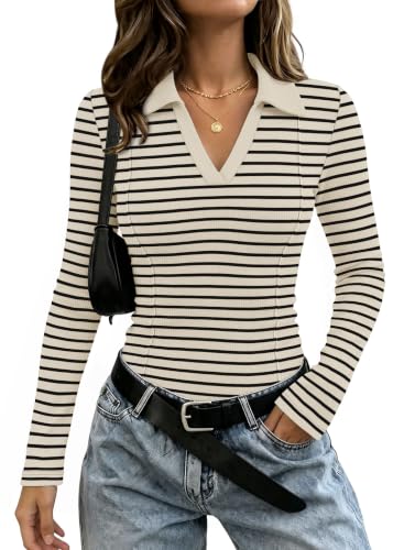 WIHOLL Womens Long Sleeve Shirts Collared Neck Business Casual Fitted Tops