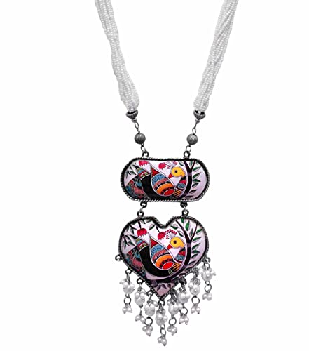 Afghani Ethnic Indian Silver Oxidized Fashion Handmade Pearl Handpainted Long Necklace Jewelry