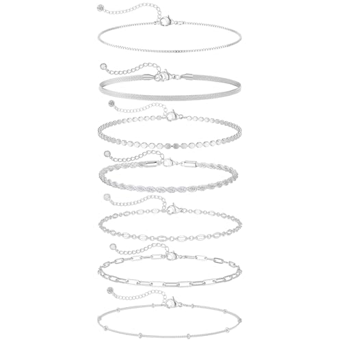 Kyerlyn Dainty Silver Bracelets for Women, Sterling Silver Bracelet Stack Trendy Waterproof Adjustable Layered Link Bracelet Set Minimalist Fashion Jewelry