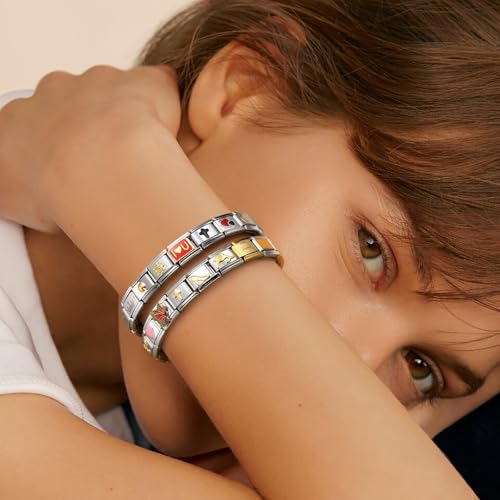 Gold Italian Charm Bracelet Sets with 1Pcs 6.75 inch Starter Brascelet, 20Pcs Charms Pack and Opening Tools, 9mm Italian Modular Charm Bracelet Link Handmade DIY Module Jewelry Gifts4