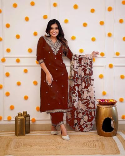 Image of Women Afghani Viscose Rayon Kurta Pant Dupatta Set with Embroidered Neck Work and Floral Print Organza Dupatta | Ethnic Straight Suit Set