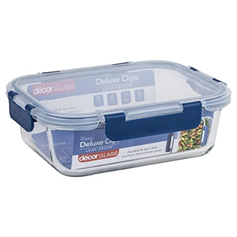 Décor deluxe clip oblong glass tupperware food storage container with lid, bpa-free leakproof glass meal prep container | dishwasher, freezer & microwave safe, clear/blue, 1000ml Cover