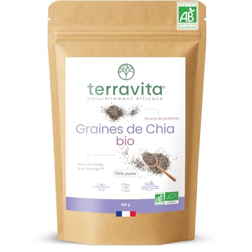 Graines de Chia BIO | Sélection Rigoureuse - Qualité Homogène | Transit et Perte de Poids | Riches en Oméga 3, Source de Fibres et de Protéines Végétales | Conditionnées en France | 500g | Terravita