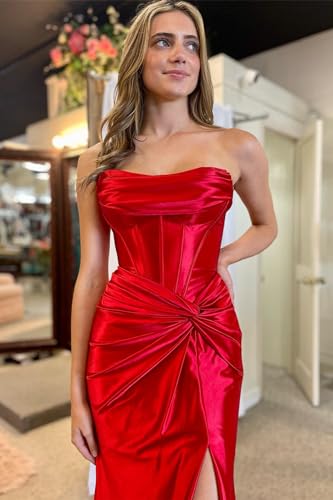 BANTRATIC Mermaid Satin Prom Dress Long with Slit Sweep Train Evening Gowns Strapless Bridesmaid Dresses for Women2