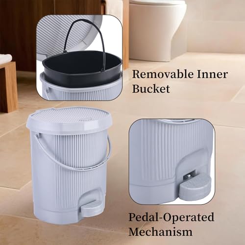 Image of Kuber Industries 2 Pcs Waste Basket for Kitchen 10 Ltr Dustbin with Lid & Removable Inner Bucket | Office, Bathroom Dustbin Garbage Trash Can Pedal Bin | Dust Bins for Home Medium Size | Grey