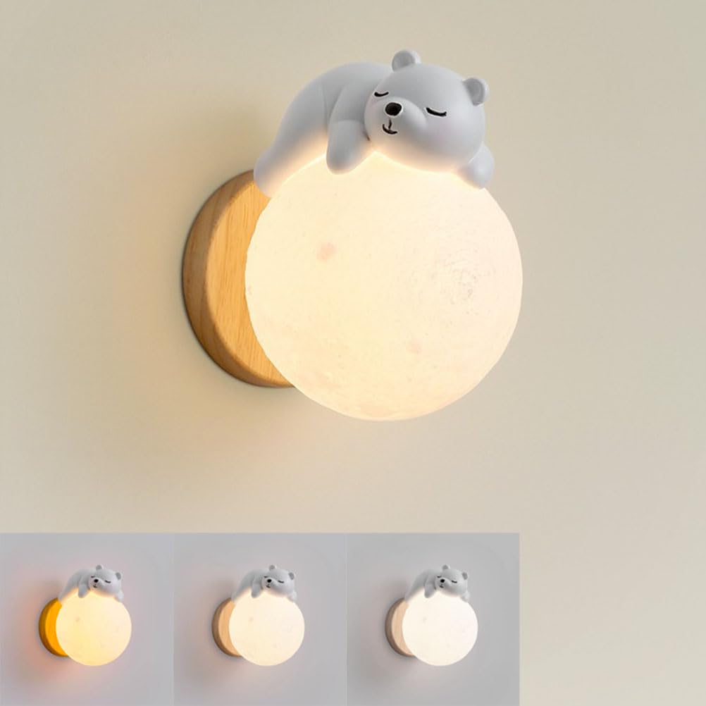 EaEa LED Mond Wandleuchte Kinderzimmer Holz Wandlampe Kreative Schlafende Bär Junge Mädchen Dekorative Nachtlicht 3000K/4500K/6000K Kinder Nachttisch Wandbeleuchtung für Schlafzimmer Babyzimmer, Weiß