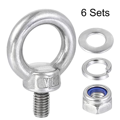 Image of uxcell Lifting Eye Bolt M8 x 14mm Male Thread with Hex Screw Nut Gasket Flat Washer for Hanging Securing Chain Wire Rope, 304 Stainless Steel, 6 Sets