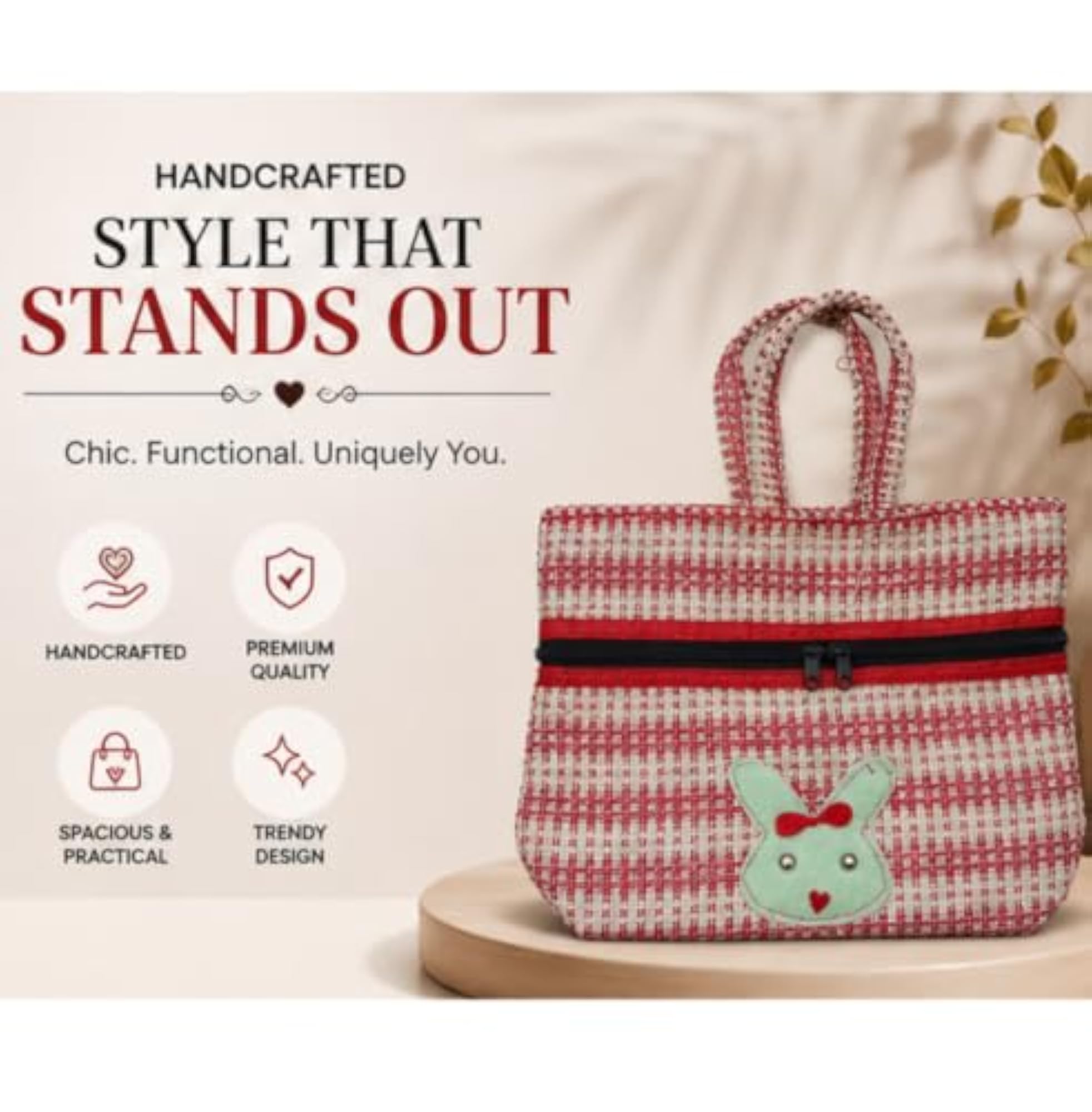 Handcrafted Woven Fabric Tote Bag, Red and White
