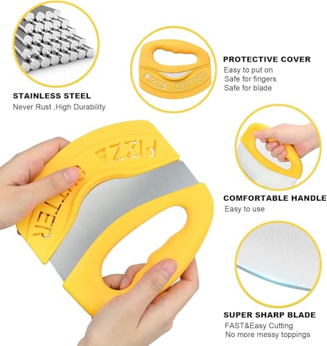 Image of NILKANTH Premium Stainless Steel Pizza Cutter, Sandwich Cutter & Food Chopper | Sharp Rocker Blade Pizza Knife | Non-Slip Grip Handle with Protective Sheath | Dishwasher Safe (Yellow)