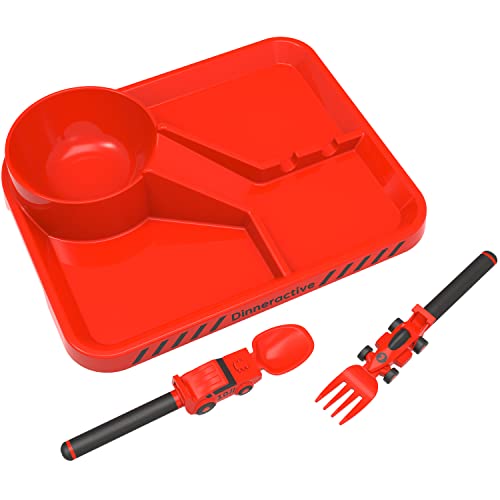 Image of Dinneractive Dining Set for Kids - 3PC Red Race Car Dinnerware - Race Car Utensils - Toddler Plates - Baby Dishes