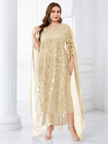 Image of Plus Size Sparkly Formal Evening Gown Sequin Cape Overlay Mother of Bride Dress Wedding Guest Cocktail Party
