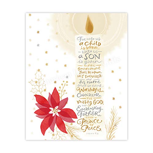 “For Unto Us a Child Is Born-The Prince of Peace” -Isaiah 9:6 -Bible Verse Wall Art-8 x 10" -Typographic Candle Design w/Poinsettia-Ready to Frame. Scripture Print Ideal for Home-Office-Church Décor.