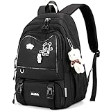 Mochila casual feminina com padrão de urso, mochila de estudante, com pingente de urso, pode conter notebook de 15,6 polegadas CUTBLAJAT-9470 (Preto)
