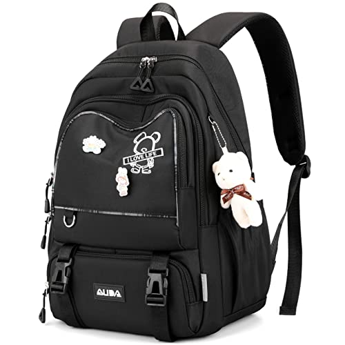 Mochila casual feminina com padrão de urso, mochila de estudante, com pingente de urso, pode conter notebook de 15,6 polegadas CUTBLAJAT-9470 (Preto)