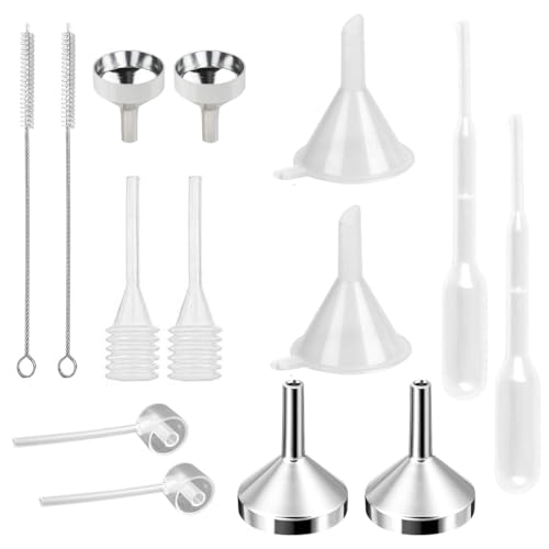 YAYNO 14 Stück Aluminium Mini Trichter Metall Set Kunststoff Tropfer Kunststoff Spender für Flasche Feilen ätherisches Öl, Füllen kleine Flasche, Glitter Pulver, Kosmetik, Kunsthandwerk, Sand