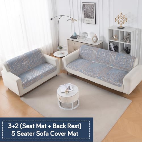 Image of HOKIPO Neel Baari Premium Chenille Jacquard Sofa Cover 3 Seater and 2 Seater Set - 5 Seater Sofa Cover (3+2) for Seat & Back | 'Royal Aangan Series' (IN-1008-L3*2 + IN-1007-L3*2)