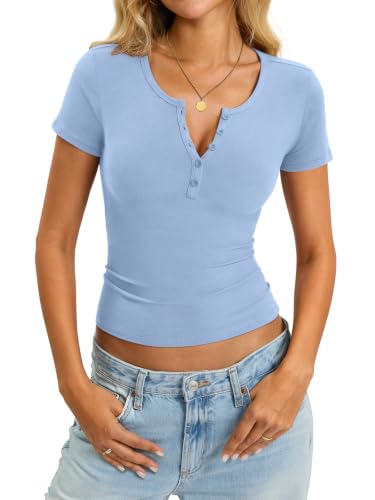 Image of EasyGala Womens Cotton Short Sleeve Shirts V Neck Henley Tops Basic Tees