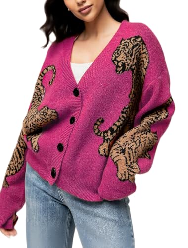 Tiger Print Cardigan Sweaters for Women Button Up Y2k Knitted Cardigans Oversized Long Sleeve Sweater Coats