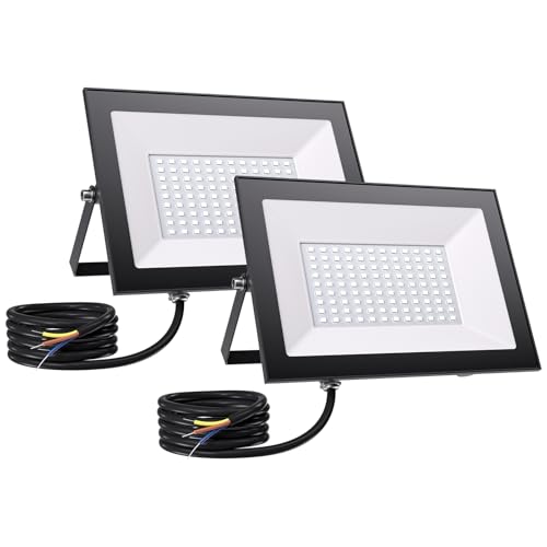 2 Piezas Focos LED Exterior 100W, IP65 Impermeable, 10000LM Super Brillante, 6500K Blanco Frío Foco LED Exterior, Foco de Exterior para Jardín, Patio, Garaje, Entrada de Coches, Taller, Pasillo