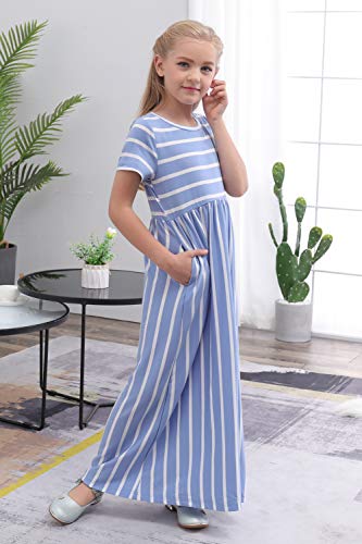 GORLYA Girl's Short Sleeve Floral Print Loose Casual Holiday Long Maxi Dress with Pockets (14Years/Height:160cm, Blue Stripe)