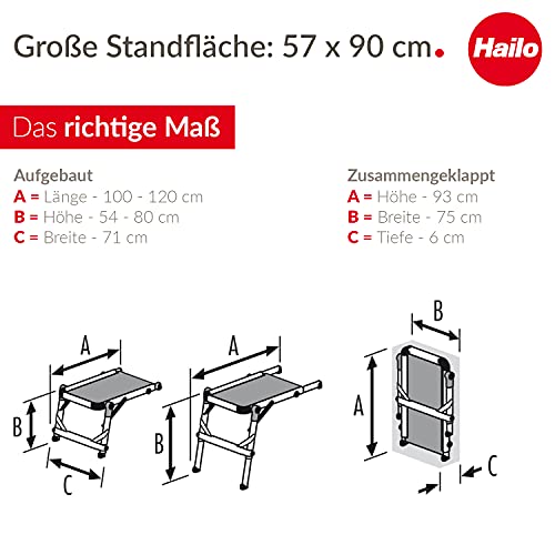 Hailo TP1 Treppenpodest - Arbeitsplattform aus Rutschfester Siebdruckplatte mit Tragegriff und integrierter Libelle - Füße mit Soft-Grip-Sohle belastbar 150 kg - flexibel verstellbar - Silber