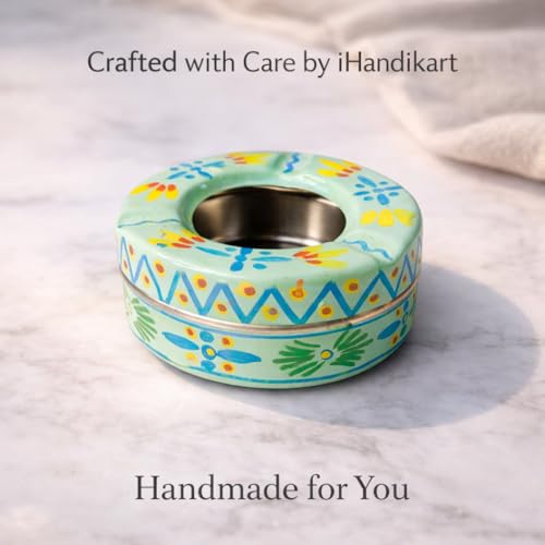 Image of iHandikart Handpainted Ash Tray 4x2 Inch | Metal Ashtray for Home, Table & Car Use | Multicolour Decorative Ashtray | Handmade Smoking Accessories for Indoor & Outdoor Use(Sky Blue)