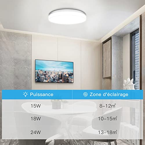Tekstap Plafonnier LED, 24W 2400LM Lampe Plafond LED Chambre, Plafonnier Salle de Bain IP54, 4000K Blanc naturel Luminaire Plafonnier rond pour Salle de bain, Balcon, Chambre, Cuisine, Salon (Ø30cm) - Image 6