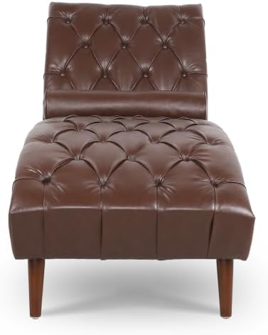 Chaise Lounge Chair Indoor, Mid Century PU Leather Tufted Fainting Couch with Lumbar Pillow & Solid Wood Legs, Comfortable Upholstered Chaise Accent Chair for Living Room, Bedroom, Dark Brown