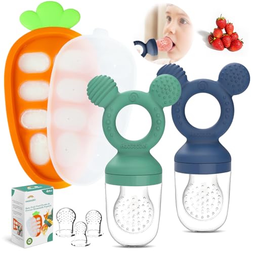 Baby Fruit Feeder Set – 3-Size Silicone Teether with Ice Cube Tray | Leakproof Self-Feeder for 4-36 Months | BPA-Free, Dishwasher Safe | Baby-Led Weaning Essential (Green Blue)