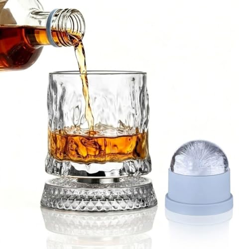 Rotating Whiskey Glass with Large Ice Ball Mold, Single Spinning Crystal Bourbon & Old Fashioned Tumbler, 360° Kinetic Glassware for Home Bar, Unique Gifts for Men, Dad by UNOD - Used condition - US$14.06