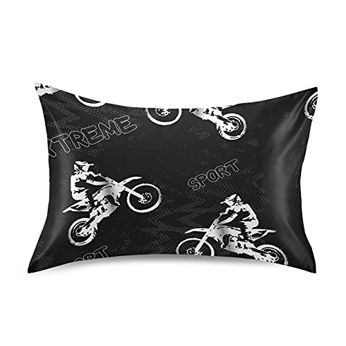Retro Man on Motorcycle Boys with Motocross Black White Silky Satin Pillowcase for Hair and Skin, Soft Breathable Bed Pillow Cover, Decorative Silk Pillow Cases, Queen Size 20x30 inches