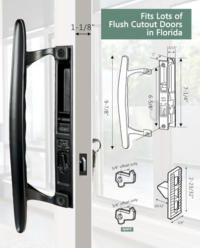 Image of Patio Sliding Glass Door Handle Set, 6-5 /8 inch H.C., Fits 1 inch to 1-1 /8 inch Thick Doors, Black Diecast, Features Lock & 2 Hook Latch & Keys, Flush