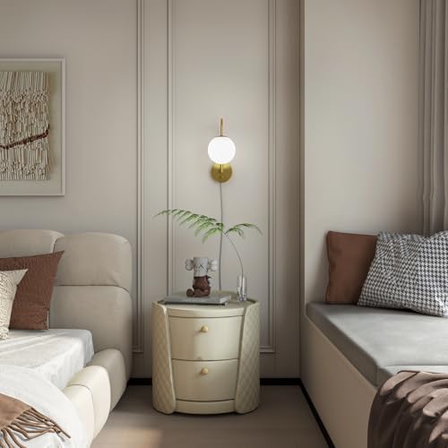 Image of Plug in Wall Sconces Decor Set of Two, Modern Gold Globe Wall Lamp, Stepless Dimmable Gooseneck Wall Light for Living Room Bedroom Hallway, Milky White Glass Shade, 2-Pack E12 Bulb, Optional Hardwired