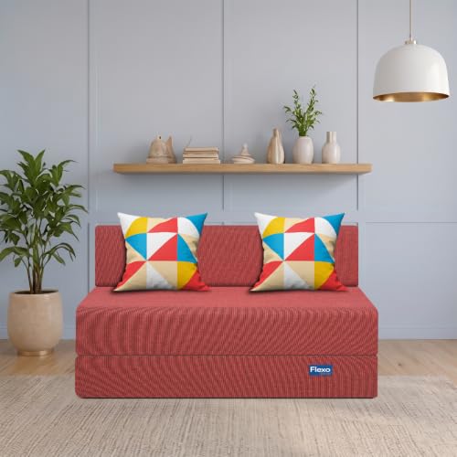 Image of Starlon 3 Seater Foldable Sofa Cum Bed 3-in-1 with 2 Geometrical Pattern Pillows, Washable Jute Fabric Cover, Space Saving Guest Bed, Pre-Assembled Royal Maroon 5x6 Ft