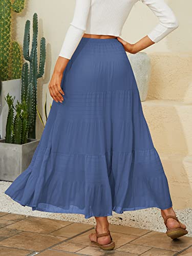 NASHALYLY Women's Chiffon Elastic High Waist Pleated A-Line Flared Maxi Skirts(Beja Blue,XL)