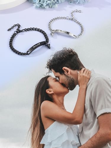 Zysta 2pcs Personalized Name Bar ID Couple Bracelet Stainless Steel Customized Couple Bracelets Mutual Attraction Custom Relationship Bracelet Personalized Jewelry for Men Women Lover2
