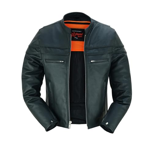 Daniel Smart Men Motorcycle Black Leather Jacket Mandarin Collar Biker Leather Jacket with Concealment Armory Pockets