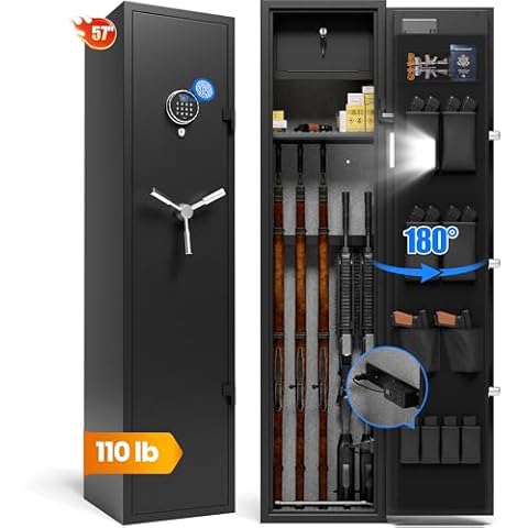 KornerBatl 110 lb Biometric Gun Safe for Rifles and Pistols with Power Outlet Kit (2 USB & Standard Outlets) - Quick Access 5 Gun Safes & Cabinets with Gun Organizer, Removable Shelf and LED Light Cover