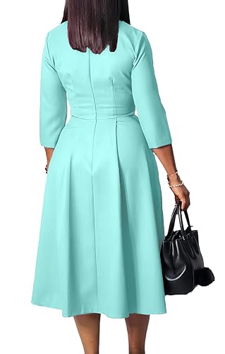 Image of Work Midi Dress for Women 3 /4 Sleeve Vintage Ruffle A-line Pleated Dress Elegant Church Dress V Neck Business Casual Outfits